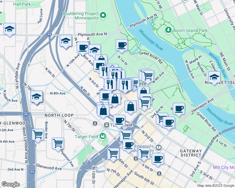 map of restaurants, bars, coffee shops, grocery stores, and more near 525 North Washington Avenue in Minneapolis