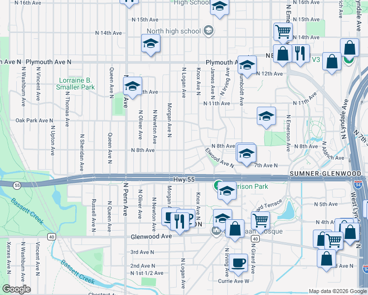 map of restaurants, bars, coffee shops, grocery stores, and more near 815 North Logan Avenue in Minneapolis
