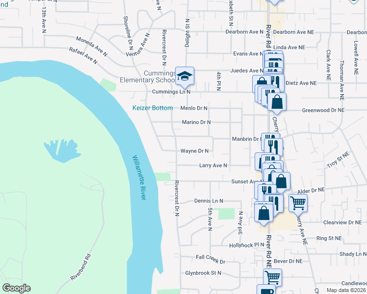map of restaurants, bars, coffee shops, grocery stores, and more near 651 Wayne Drive North in Keizer