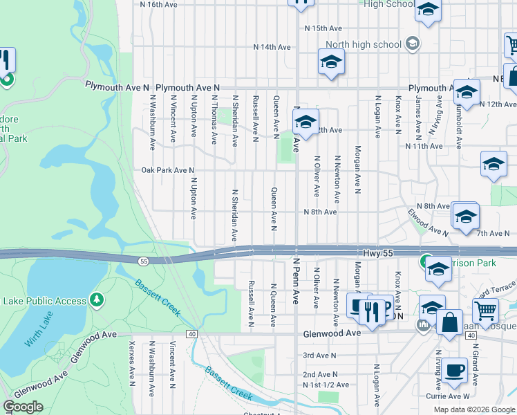 map of restaurants, bars, coffee shops, grocery stores, and more near 810 Russell Avenue North in Minneapolis