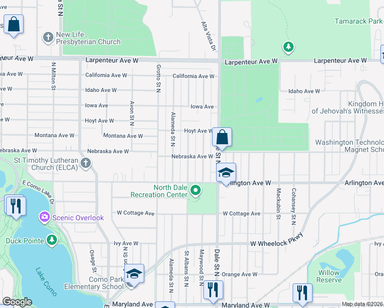 map of restaurants, bars, coffee shops, grocery stores, and more near 1503 Saint Albans Street North in Saint Paul