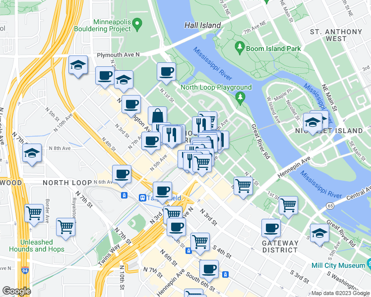 map of restaurants, bars, coffee shops, grocery stores, and more near 401 North 2nd Street in Minneapolis
