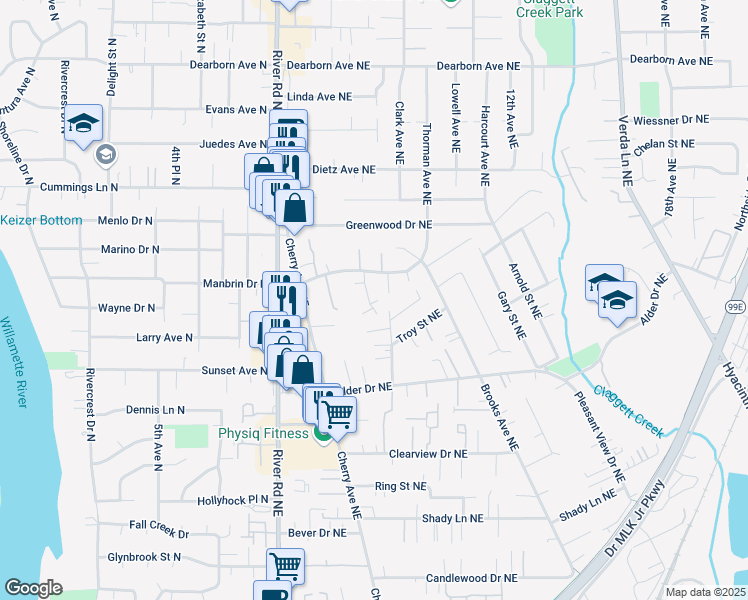 map of restaurants, bars, coffee shops, grocery stores, and more near 4268 Meadowbrook Court Northeast in Keizer