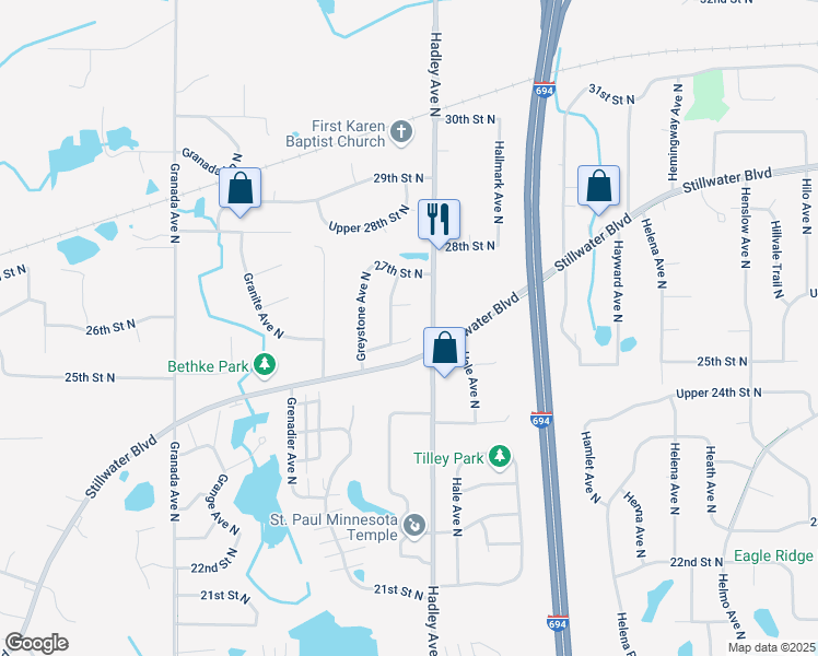 map of restaurants, bars, coffee shops, grocery stores, and more near 2655 Guthrie Court North in Oakdale