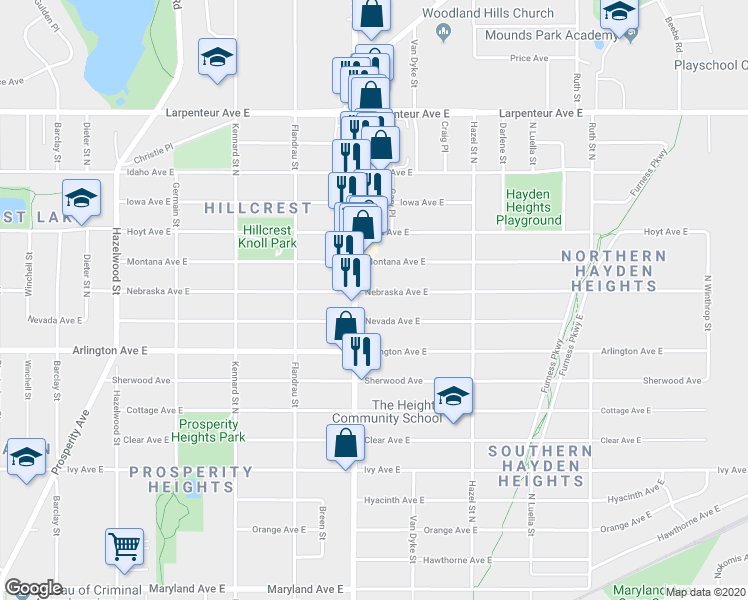 map of restaurants, bars, coffee shops, grocery stores, and more near 1805 Nebraska Avenue East in Saint Paul