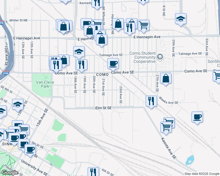 map of restaurants, bars, coffee shops, grocery stores, and more near 893 22nd Avenue Southeast in Minneapolis