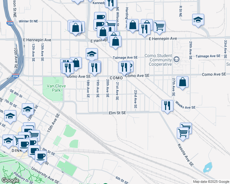 map of restaurants, bars, coffee shops, grocery stores, and more near 895 21st Avenue Southeast in Minneapolis