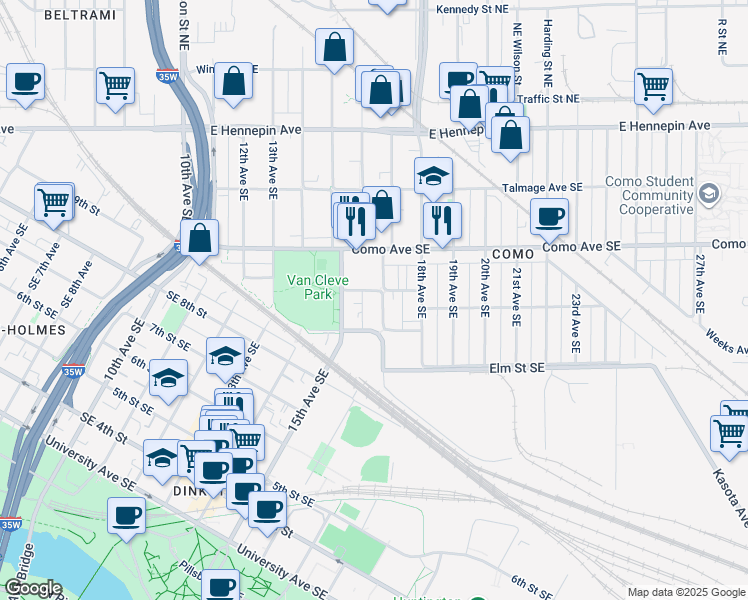 map of restaurants, bars, coffee shops, grocery stores, and more near 1514 Southeast Brook Avenue in Minneapolis