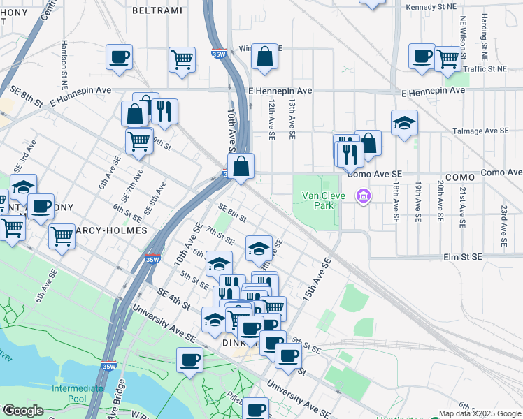 map of restaurants, bars, coffee shops, grocery stores, and more near 822 11th Avenue Southeast in Minneapolis