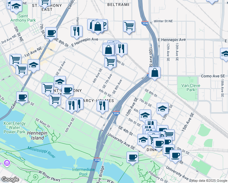 map of restaurants, bars, coffee shops, grocery stores, and more near 624 Southeast 8th Avenue in Minneapolis