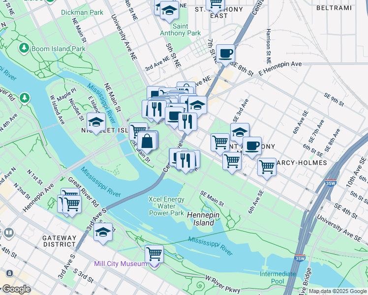 map of restaurants, bars, coffee shops, grocery stores, and more near 100 University Avenue Southeast in Minneapolis