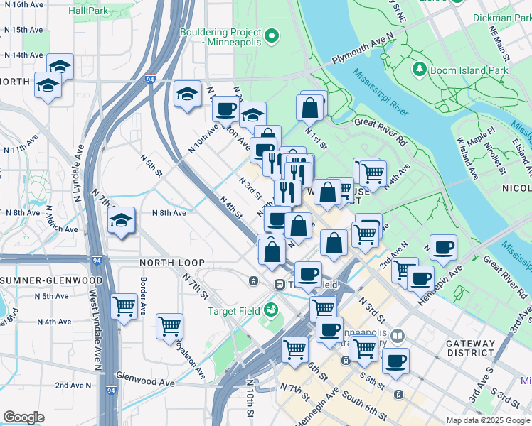 map of restaurants, bars, coffee shops, grocery stores, and more near 608 North 3rd Avenue in Minneapolis