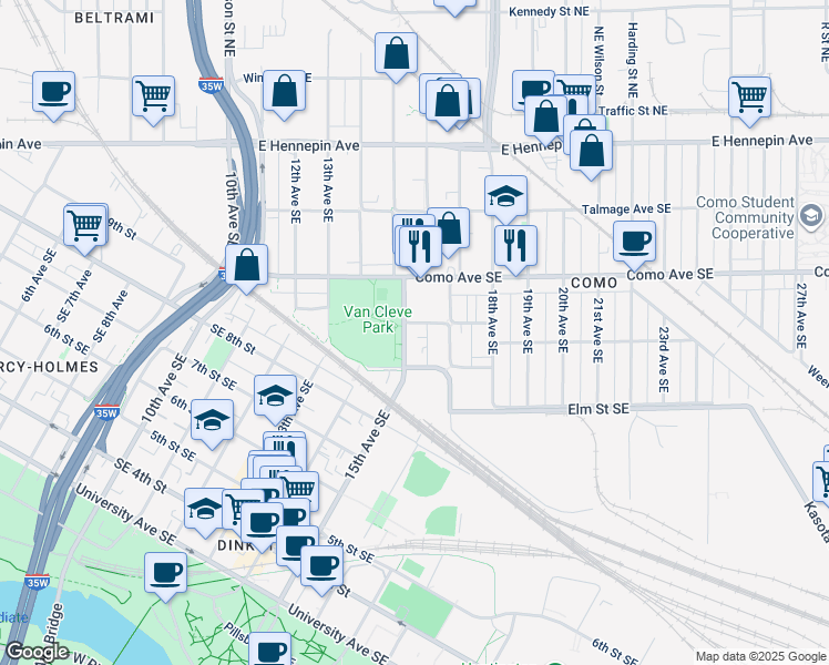map of restaurants, bars, coffee shops, grocery stores, and more near 1514 Southeast Brook Avenue in Minneapolis