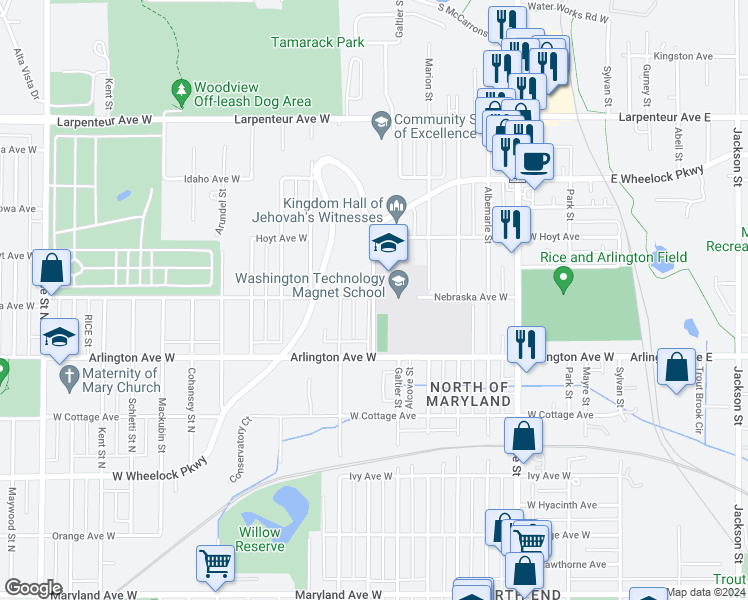 map of restaurants, bars, coffee shops, grocery stores, and more near 1533 West Hoyt Avenue in Saint Paul