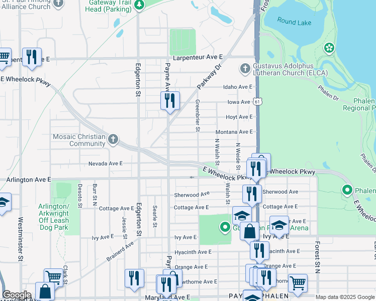 map of restaurants, bars, coffee shops, grocery stores, and more near 680 Nebraska Avenue East in Saint Paul