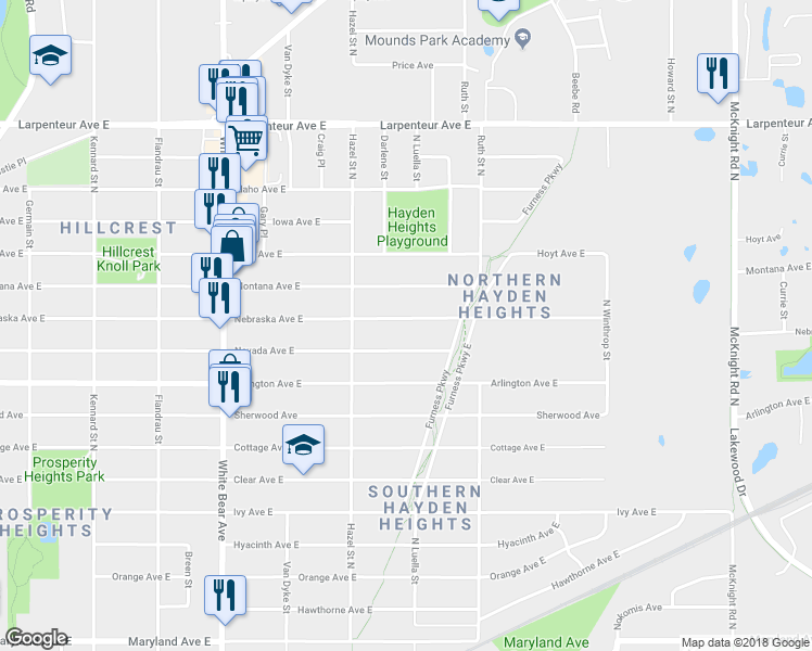 map of restaurants, bars, coffee shops, grocery stores, and more near 1952 Nebraska Avenue East in Saint Paul