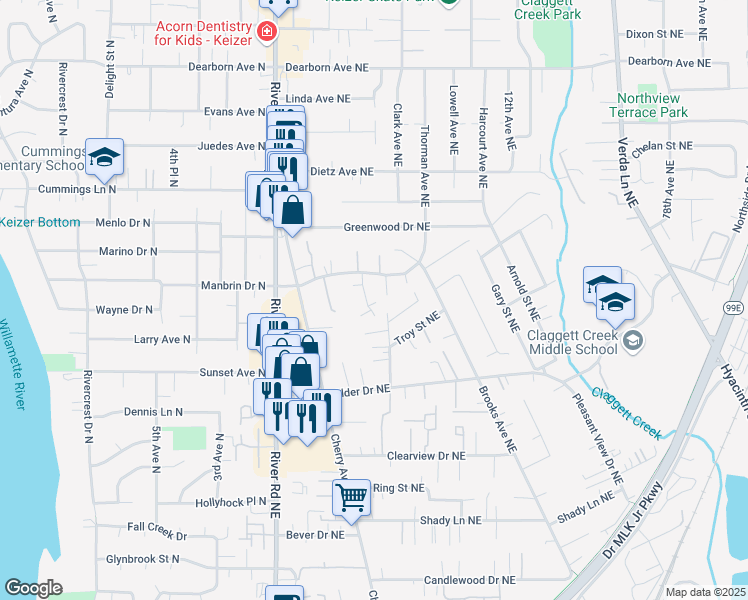 map of restaurants, bars, coffee shops, grocery stores, and more near 4268 Meadowbrook Court Northeast in Keizer