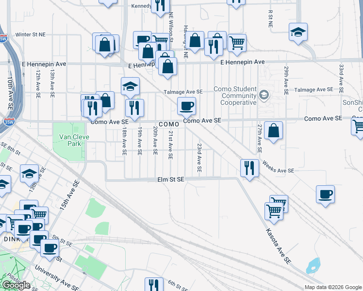 map of restaurants, bars, coffee shops, grocery stores, and more near 893 22nd Avenue Southeast in Minneapolis