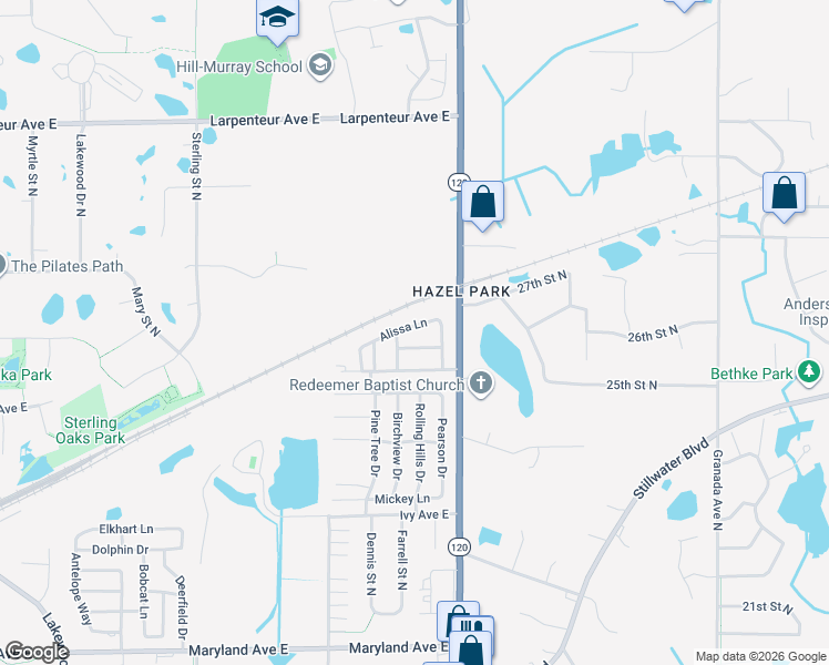 map of restaurants, bars, coffee shops, grocery stores, and more near 2688 Alissa Lane in Maplewood