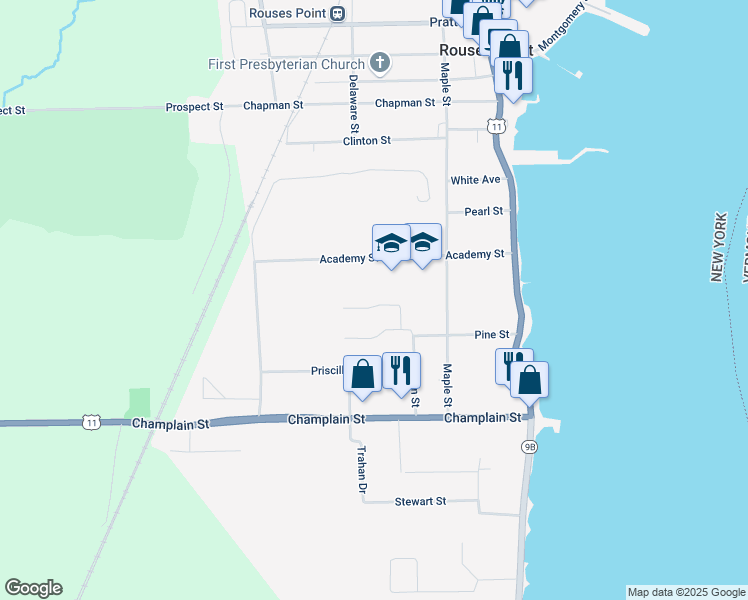 map of restaurants, bars, coffee shops, grocery stores, and more near 12 Beechwood Drive in Rouses Point