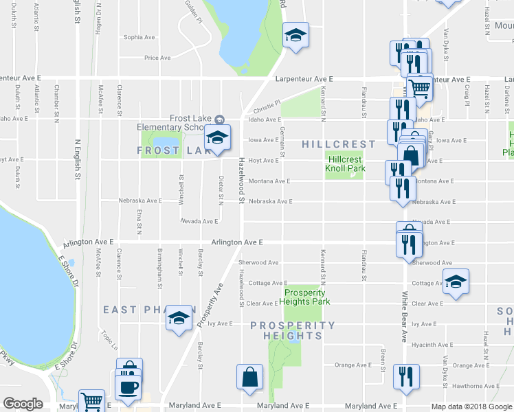 map of restaurants, bars, coffee shops, grocery stores, and more near 1564 Nebraska Avenue East in Saint Paul