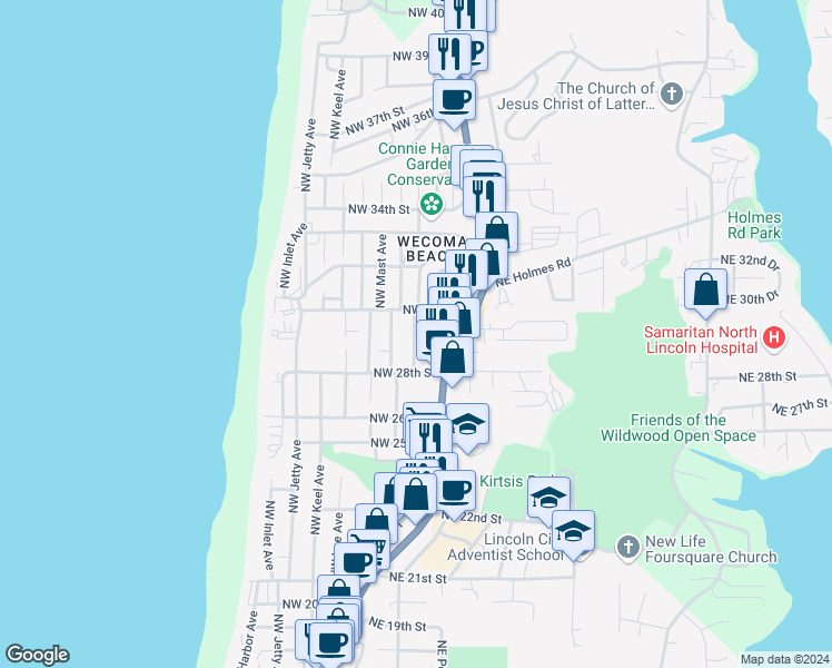 map of restaurants, bars, coffee shops, grocery stores, and more near 2922 Northwest Oar Avenue in Lincoln City