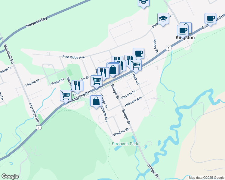 map of restaurants, bars, coffee shops, grocery stores, and more near 1529 Bridge Street in Kingston