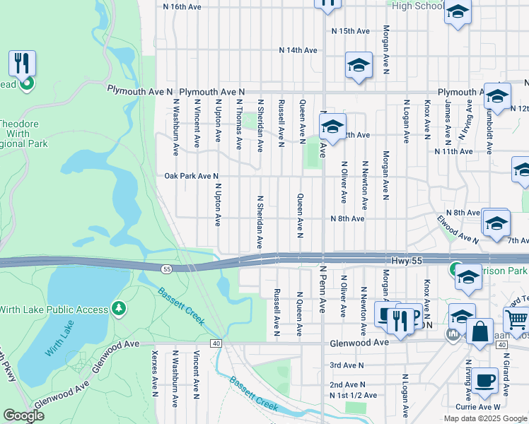 map of restaurants, bars, coffee shops, grocery stores, and more near 806 North Sheridan Avenue in Minneapolis