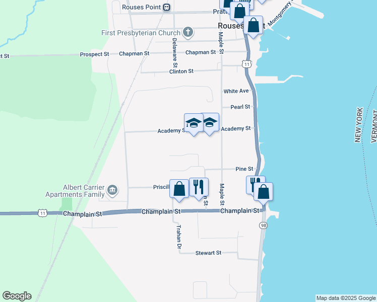 map of restaurants, bars, coffee shops, grocery stores, and more near 12 Beechwood Dr in Rouses Point