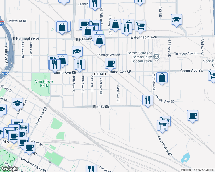 map of restaurants, bars, coffee shops, grocery stores, and more near 893 22nd Avenue Southeast in Minneapolis