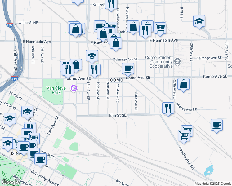 map of restaurants, bars, coffee shops, grocery stores, and more near 895 21st Avenue Southeast in Minneapolis