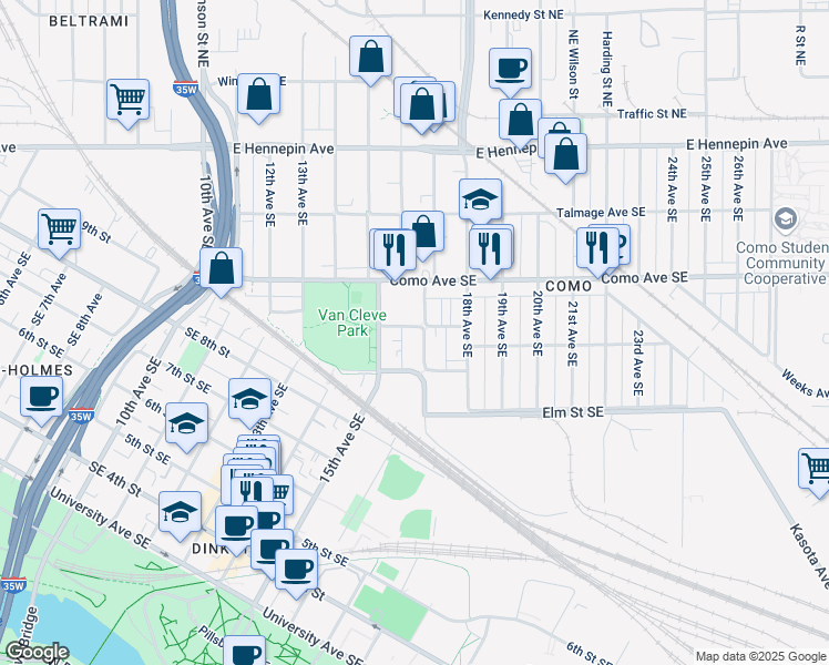 map of restaurants, bars, coffee shops, grocery stores, and more near 1514 Southeast Brook Avenue in Minneapolis
