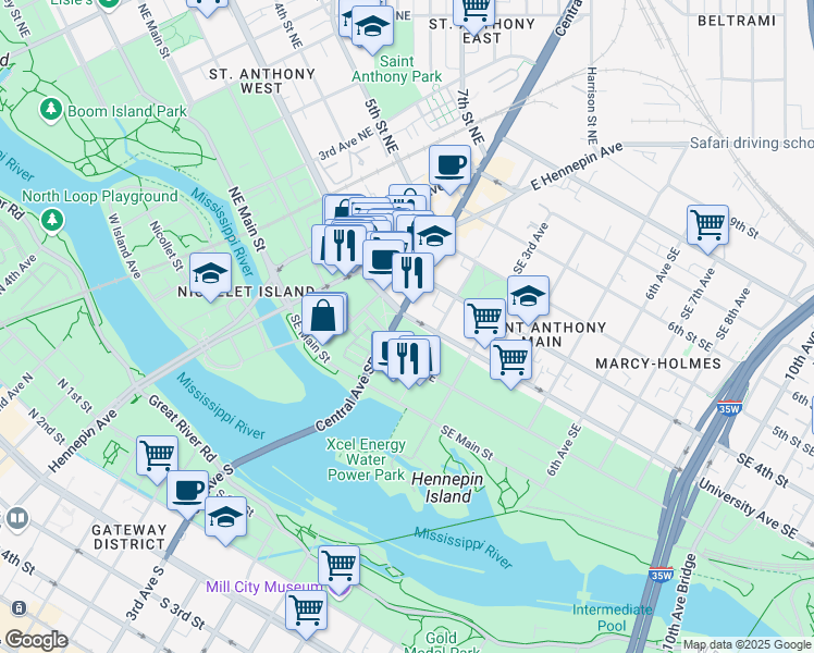 map of restaurants, bars, coffee shops, grocery stores, and more near 55 University Avenue Southeast in Minneapolis