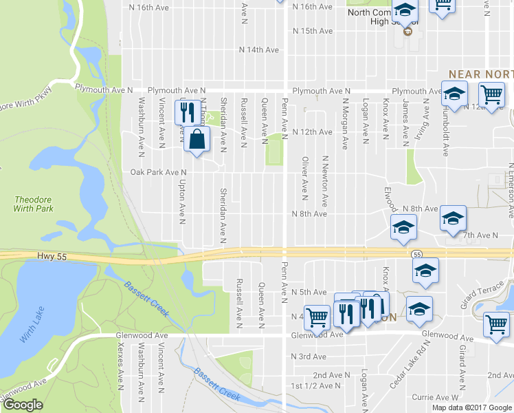 map of restaurants, bars, coffee shops, grocery stores, and more near 810 Russell Avenue North in Minneapolis