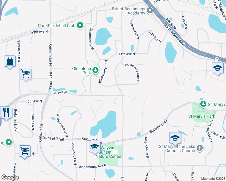 map of restaurants, bars, coffee shops, grocery stores, and more near 705 Windemere Drive North in Minneapolis