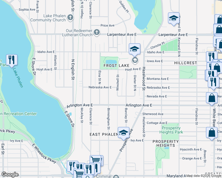 map of restaurants, bars, coffee shops, grocery stores, and more near 1496 Birmingham Street in Saint Paul