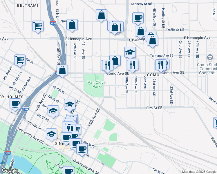 map of restaurants, bars, coffee shops, grocery stores, and more near 1514 Southeast Brook Avenue in Minneapolis