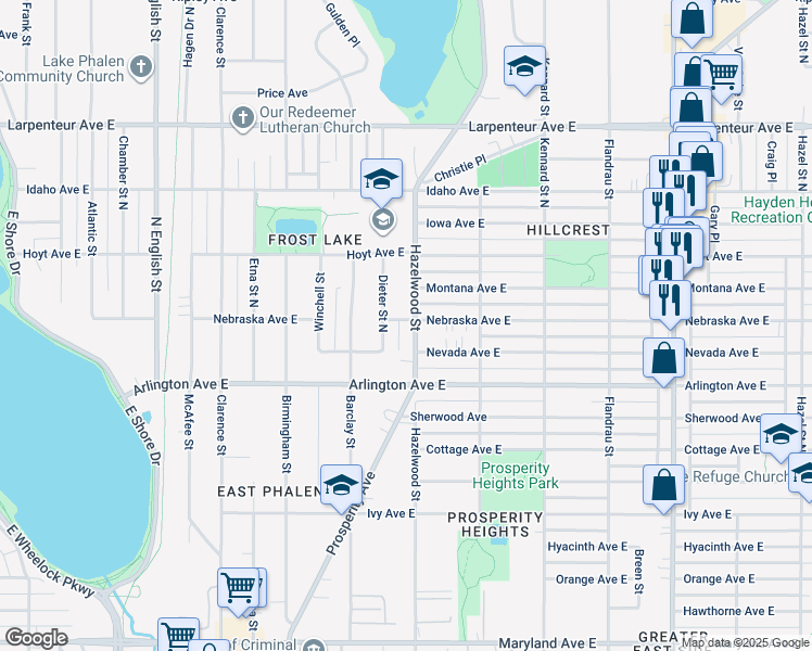 map of restaurants, bars, coffee shops, grocery stores, and more near 1499 Hazelwood Street in Saint Paul