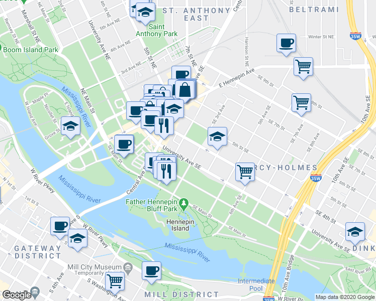 map of restaurants, bars, coffee shops, grocery stores, and more near 320 2nd Ave SE in Minneapolis