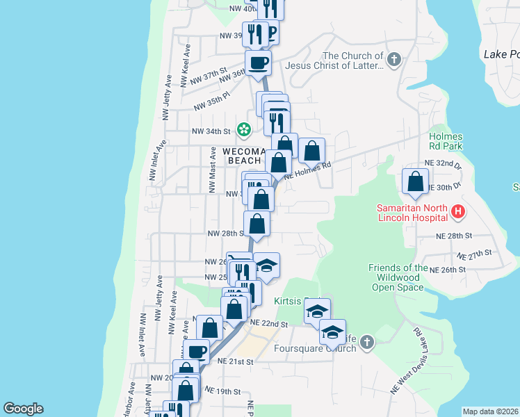 map of restaurants, bars, coffee shops, grocery stores, and more near 2937 Northwest U.S.Highway 101 in Lincoln City
