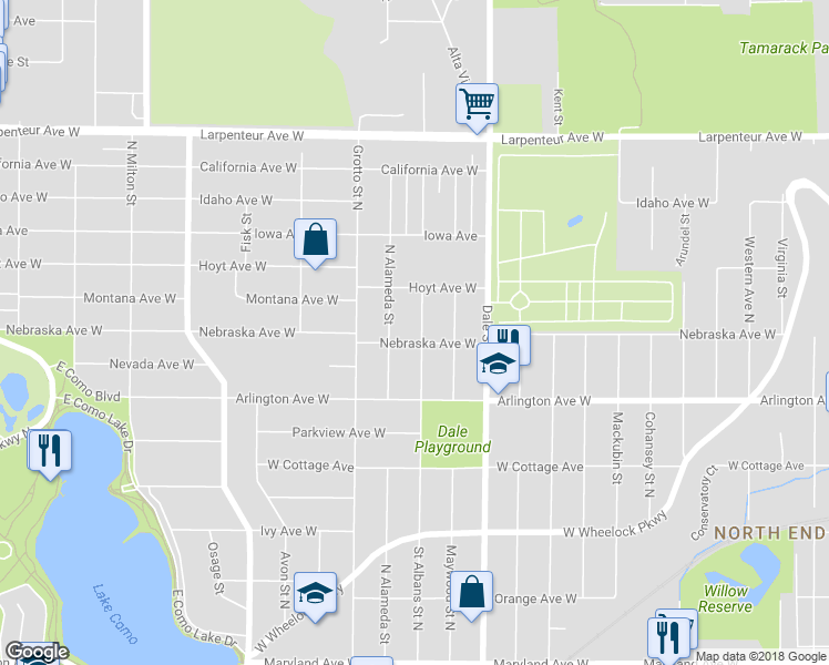 map of restaurants, bars, coffee shops, grocery stores, and more near 1503 Saint Albans Street North in Saint Paul