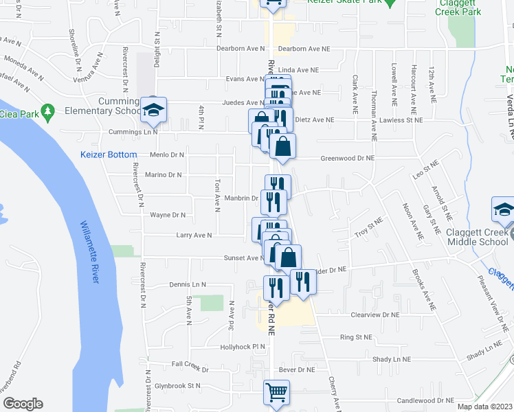 map of restaurants, bars, coffee shops, grocery stores, and more near 154 Manbrin Drive North in Keizer