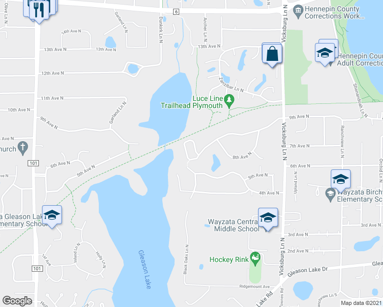 map of restaurants, bars, coffee shops, grocery stores, and more near 16430 Birch Briar Trail in Minneapolis