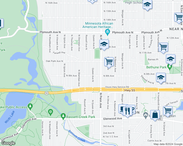 map of restaurants, bars, coffee shops, grocery stores, and more near 811 Queen Avenue North in Minneapolis