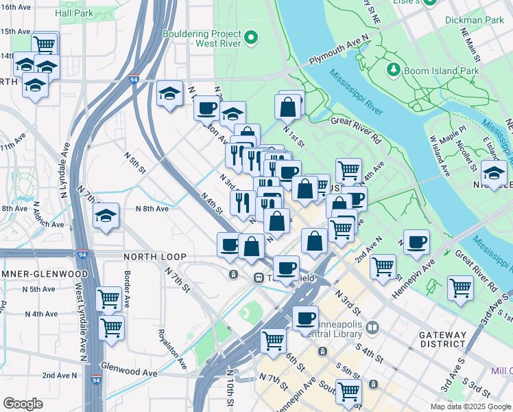 map of restaurants, bars, coffee shops, grocery stores, and more near 608 North 3rd Avenue in Minneapolis