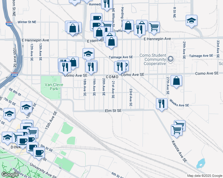 map of restaurants, bars, coffee shops, grocery stores, and more near 891 21st Avenue Southeast in Minneapolis
