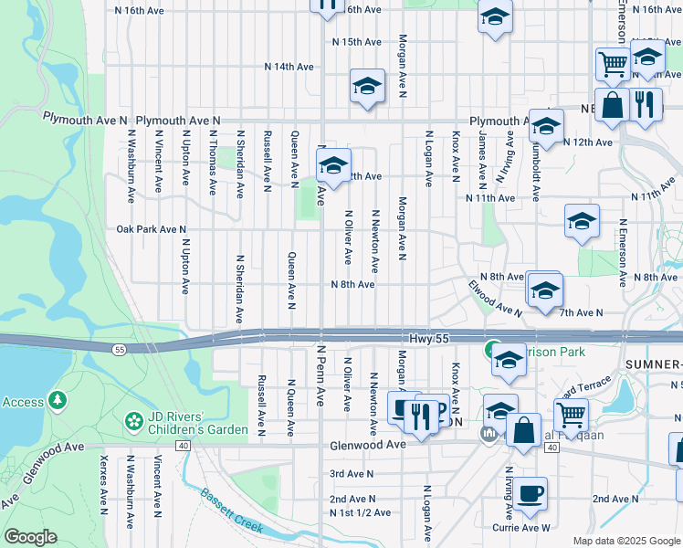 map of restaurants, bars, coffee shops, grocery stores, and more near 809 North Oliver Avenue in Minneapolis