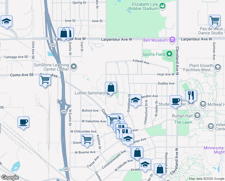 map of restaurants, bars, coffee shops, grocery stores, and more near 1503 Branston Street in Saint Paul