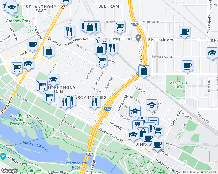 map of restaurants, bars, coffee shops, grocery stores, and more near 624 Southeast 8th Avenue in Minneapolis