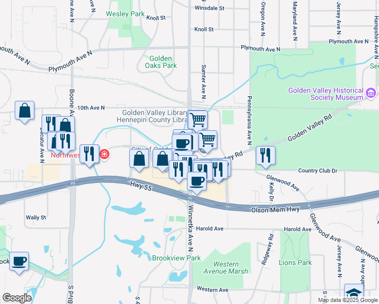 map of restaurants, bars, coffee shops, grocery stores, and more near 695 Winnetka Avenue North in Golden Valley